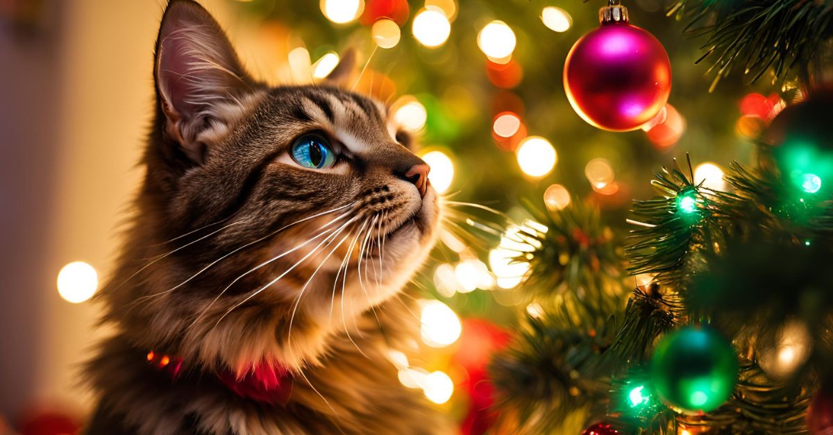 A cat is playing christmas tree ornament toy