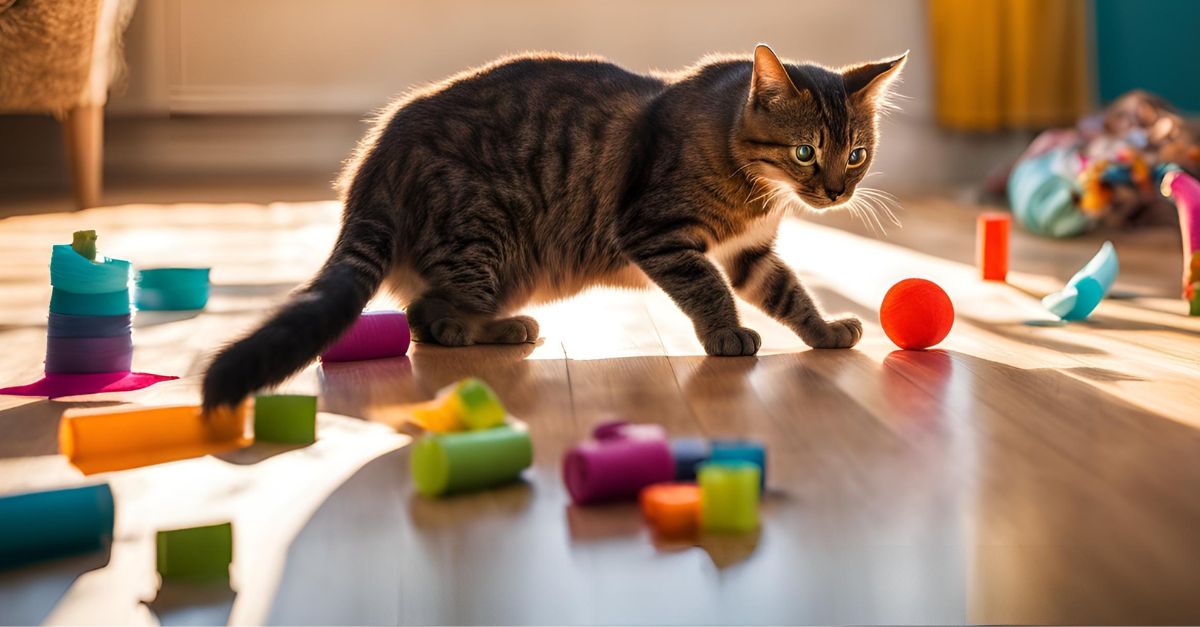 A cat is playing with paper roll caterpillar