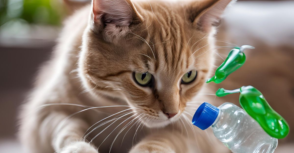 A cat is playing with plastic bottle spinner