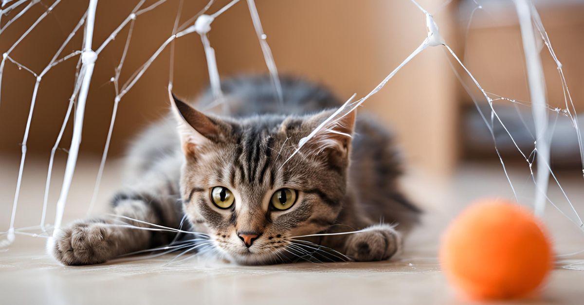 A cat is playing with the spider web toy