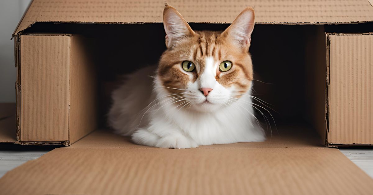 A cat relaxing in the cardboard hideaway