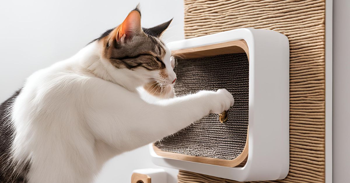 A cat scratching on wall mounted scratcher