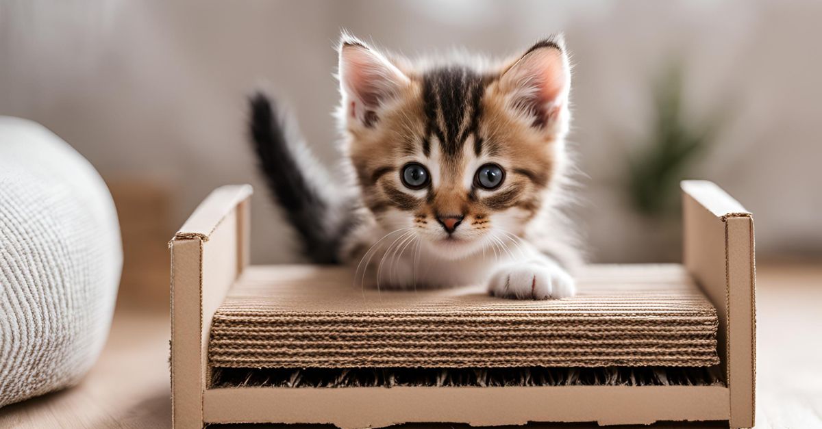 A kitten is scratching mini cardboard scratcher