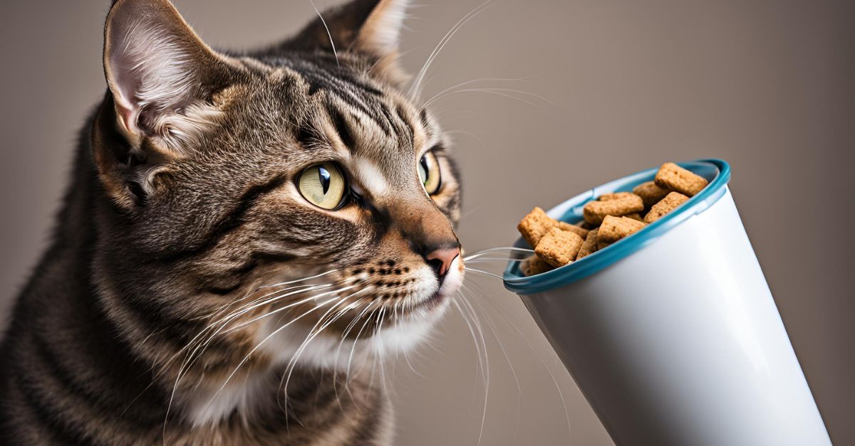 A senior cat is trying to get the treats from the tube