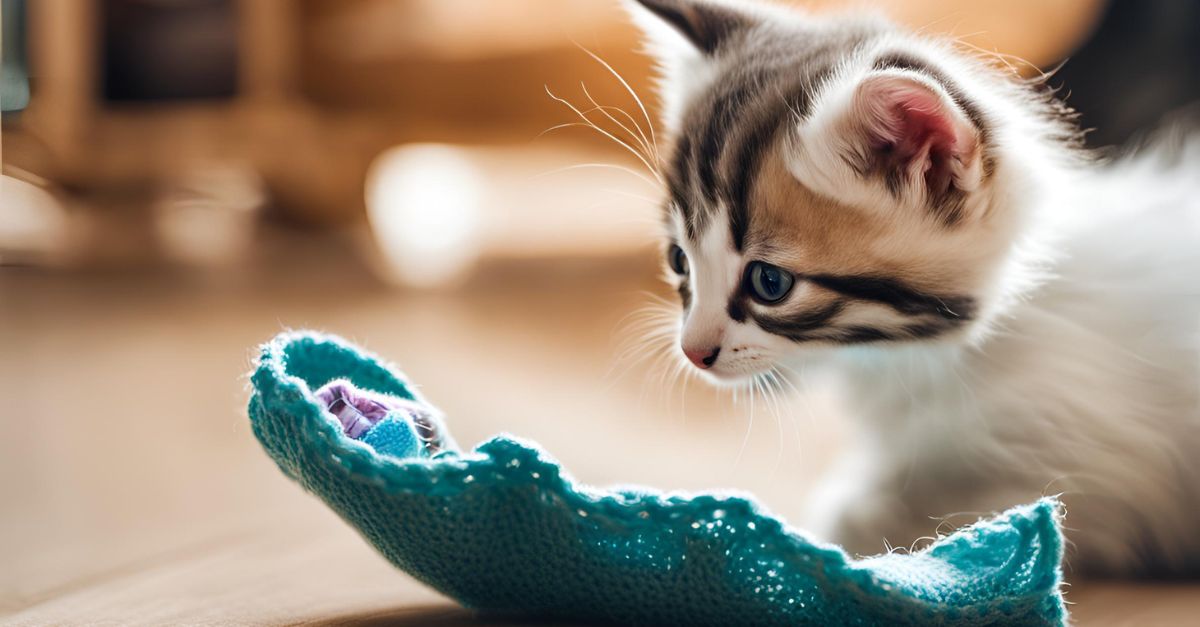 A small kitten is playing with soft sock pouch