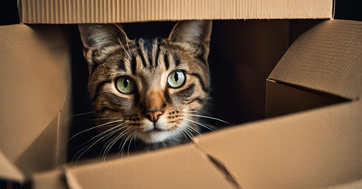 Cat inside a large cardboard box with various sized holes cut into the sides