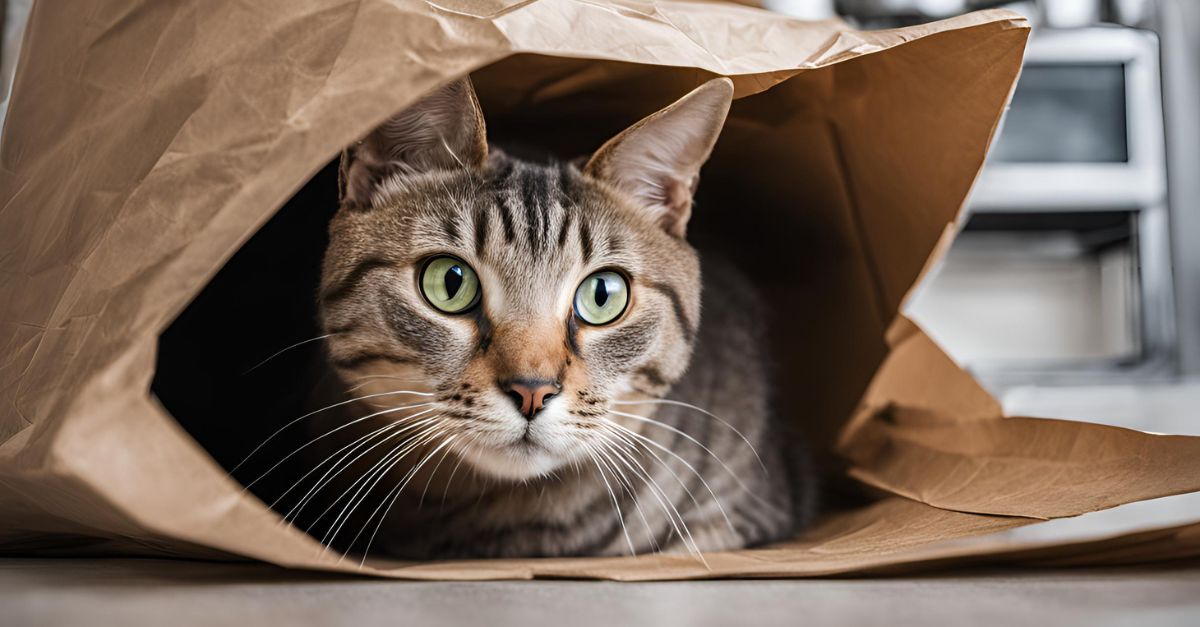 Cat inside a large, open paper grocery bag used as a tunnel toy