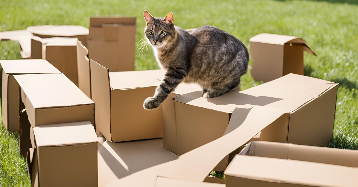 Cat navigating a DIY agility course made from household items like cardboard boxes, tunnels, and chairs