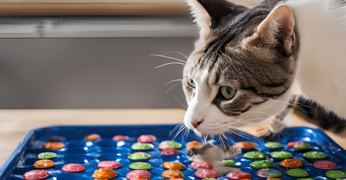 Cat pawing at floating bottle caps containing treats in a shallow tray of water