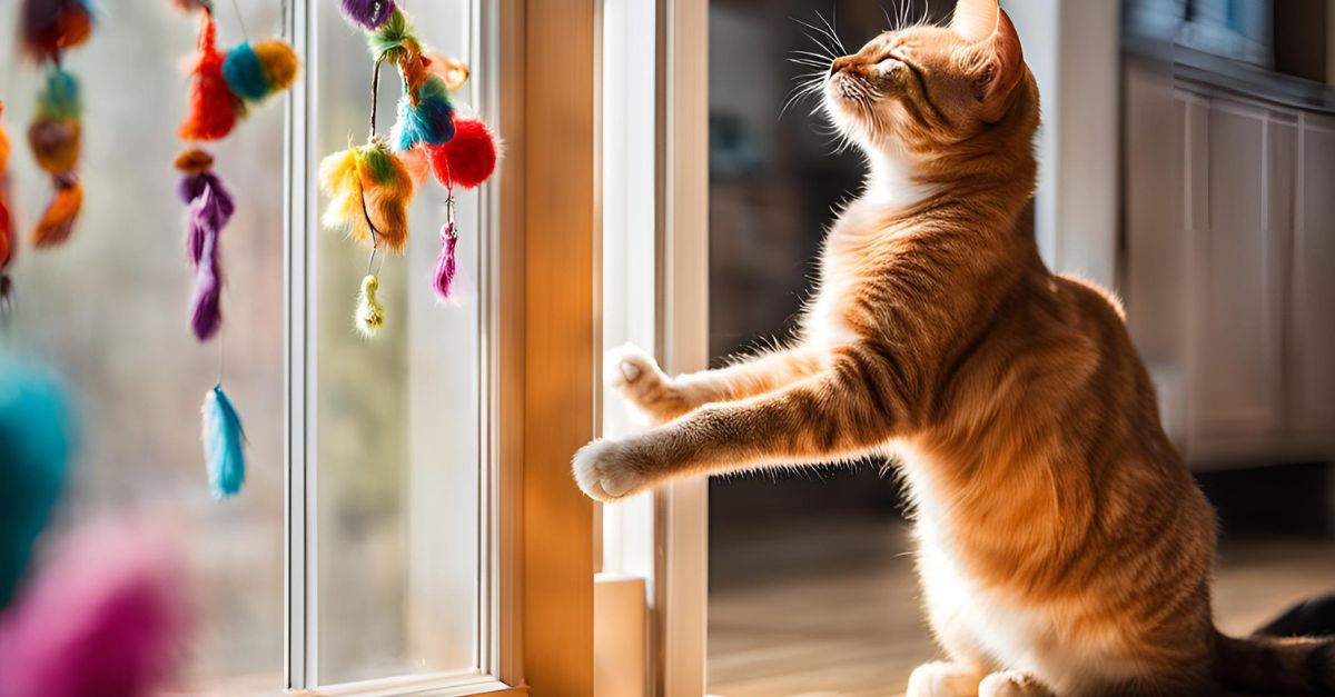 Cat reaching up to play with a DIY hanging doorway toy attached to an over-the-door hook