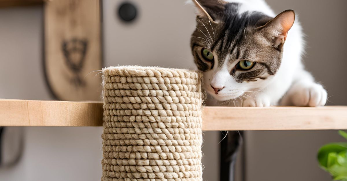 Cat scratching on a DIY sisal scratching post attached to a piece of wood