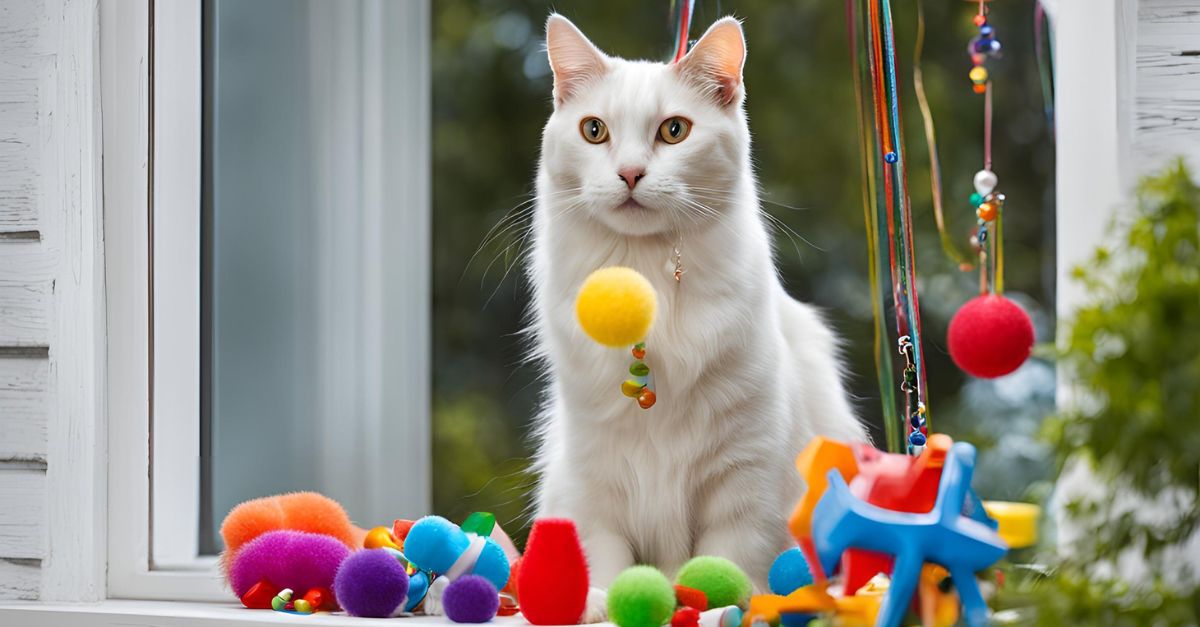 Cat sitting on a window perch with dangling toys attached, looking out the window