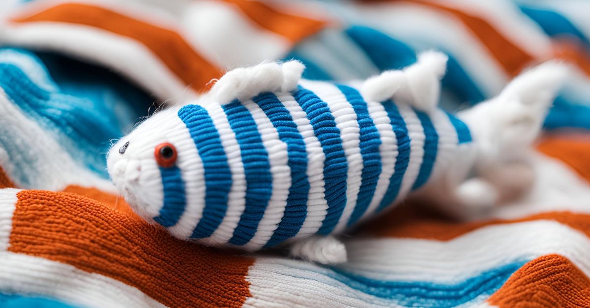 Close-up of a blue and white striped DIY sock fish cat toy filled with catnip, tied with a secure knot