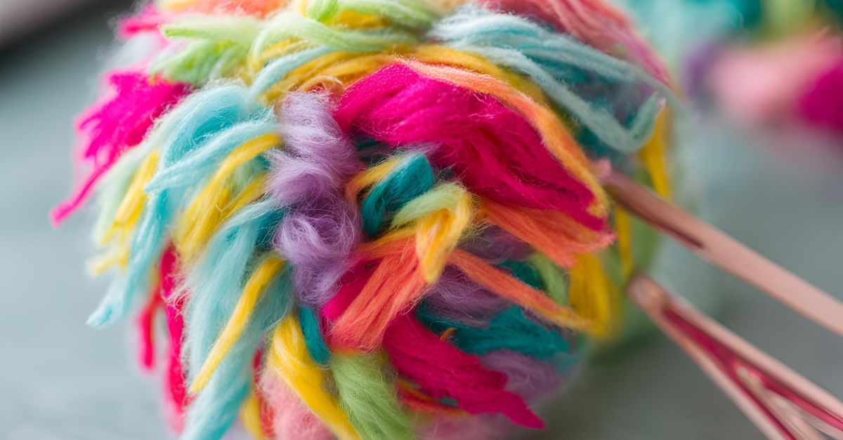 Close-up of a fluffy DIY yarn pom-pom cat toy, made using a fork