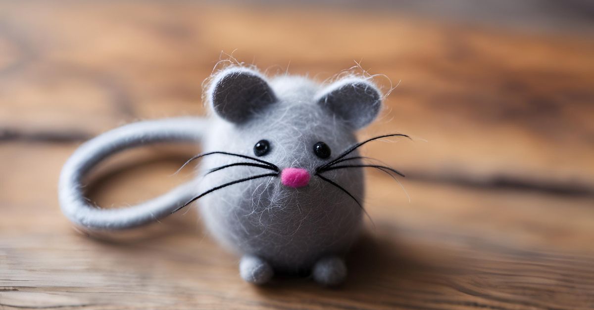 Close-up of a gray felt mouse cat toy, showing the stitching and details