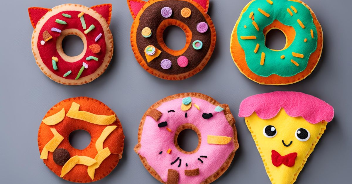 Collection of colorful DIY felt cat toys shaped like junk food items (donut, pizza, burger)