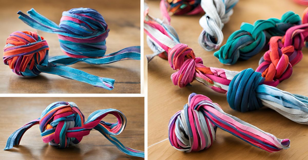 Collection of knotted DIY cat toys made from colorful strips of old t-shirts