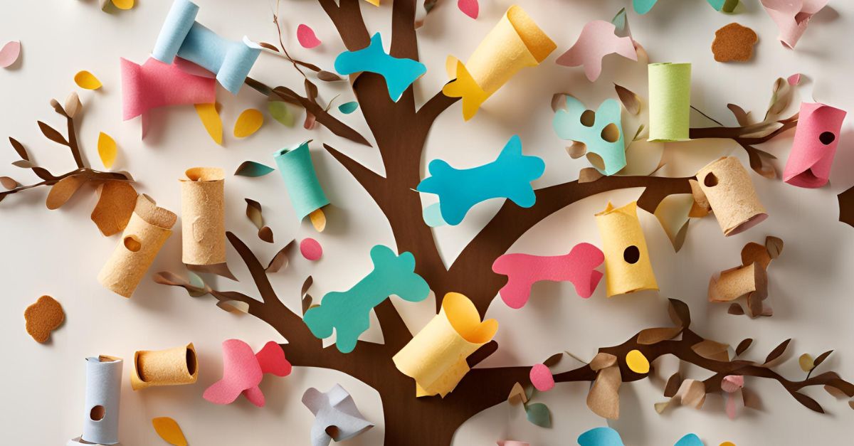 Completed DIY treat puzzle tree made from paper towel and toilet paper rolls, with treats placed in the branches