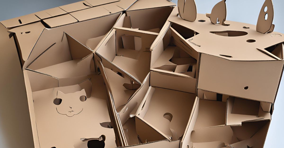 DIY cardboard cat toy with a ping pong ball trapped inside, showing the circular design