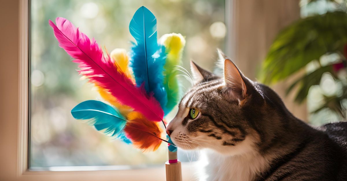 DIY feathered frenzy wand cat toy with colorful feathers, felt shapes, and a wooden dowel