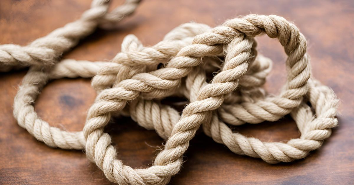 DIY knotted rope cat toy made from thick, natural rope with several knots tied along its length