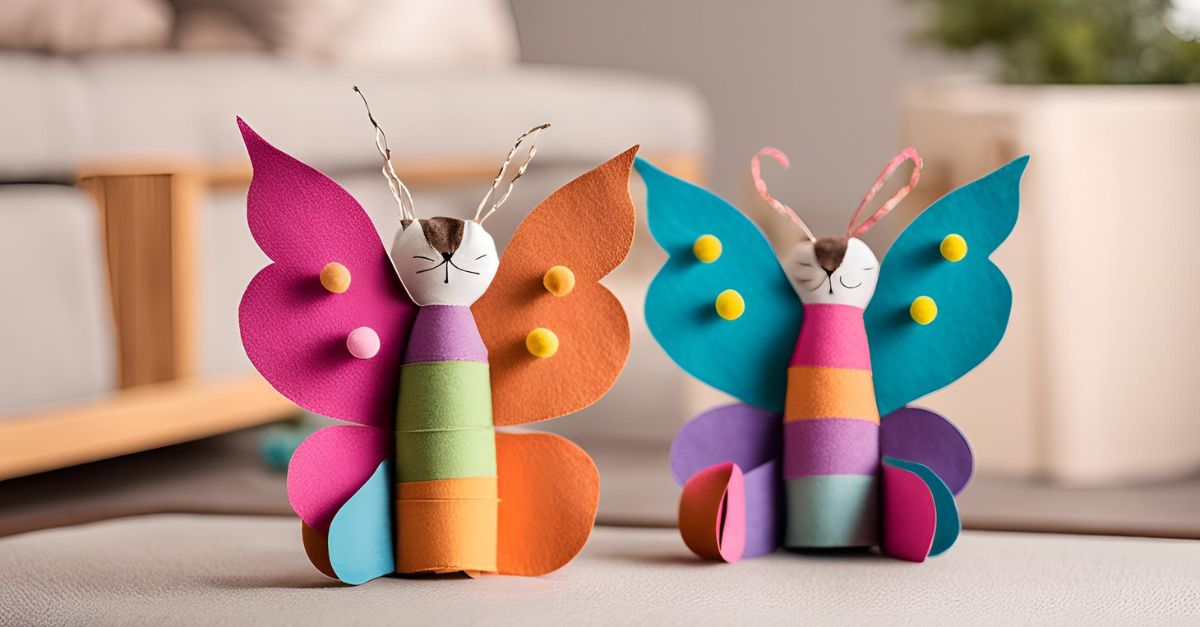 DIY toilet paper roll butterfly cat toy decorated with colorful paper or felt
