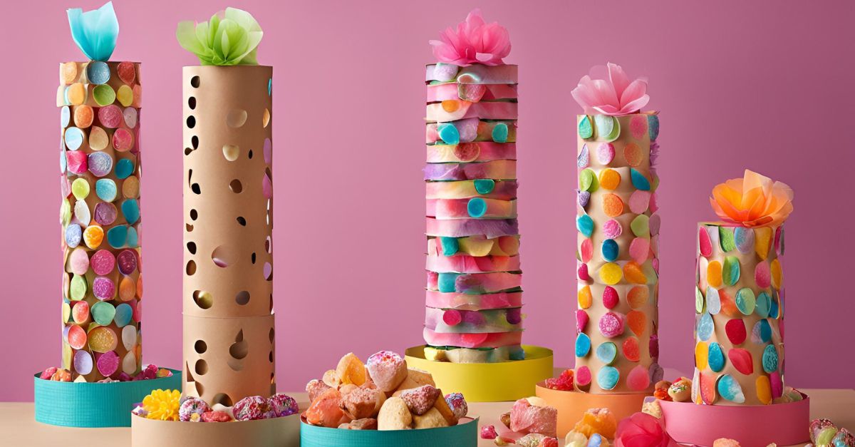 DIY toilet paper roll treat tower glued to a cardboard base, with treats visible inside the tubes