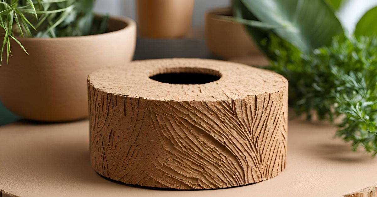 DIY tree stump scratch pad made from cardboard and cork, resembling a small tree trunk