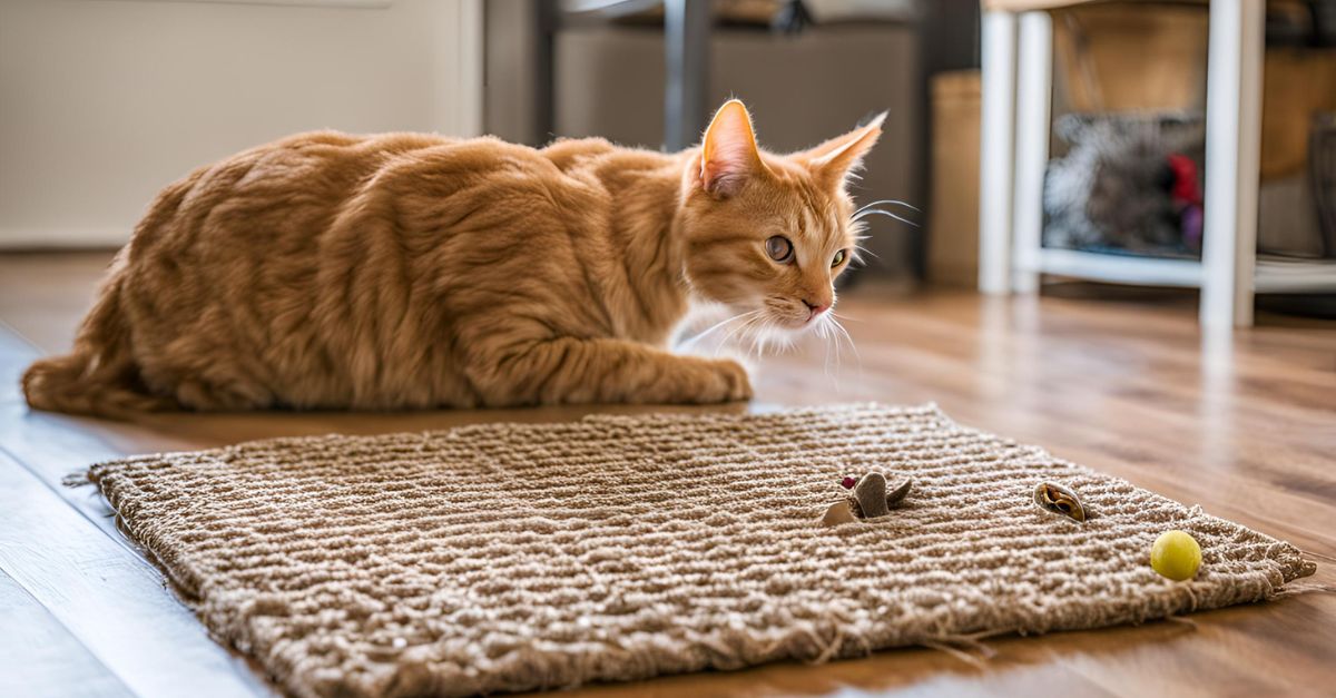 DIY venture mat cat toy made from a doormat and a reusable shopping bag with cutouts, with a cat investigating