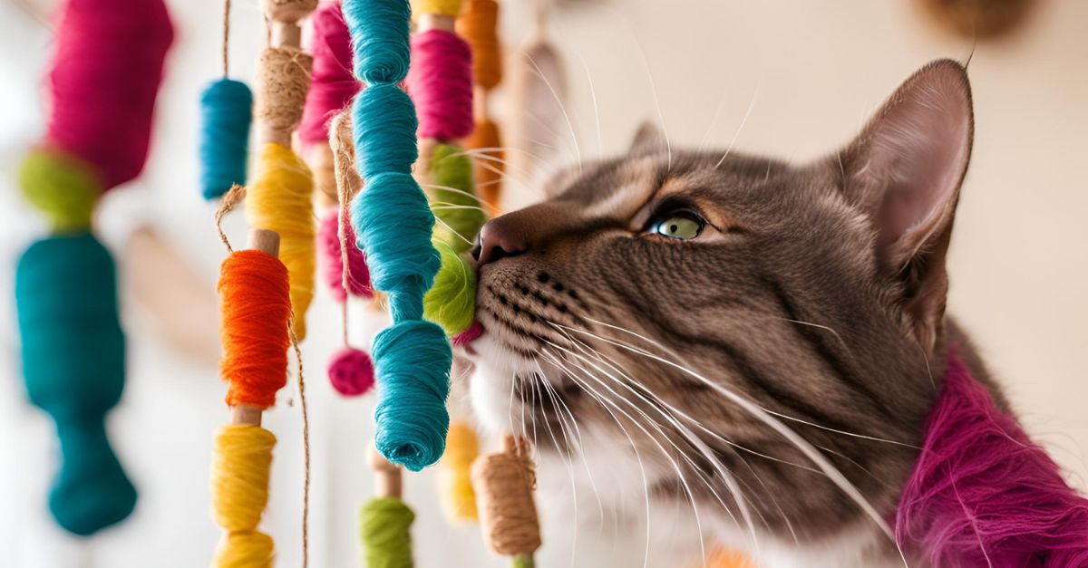 DIY wine cork teaser cat toy with yarn attached, dangling from a hand
