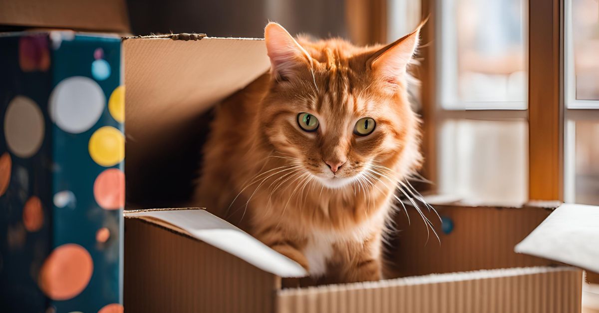 Ginger cat reaching a paw into a cardboard box with holes cut in the sides, trying to retrieve a treat