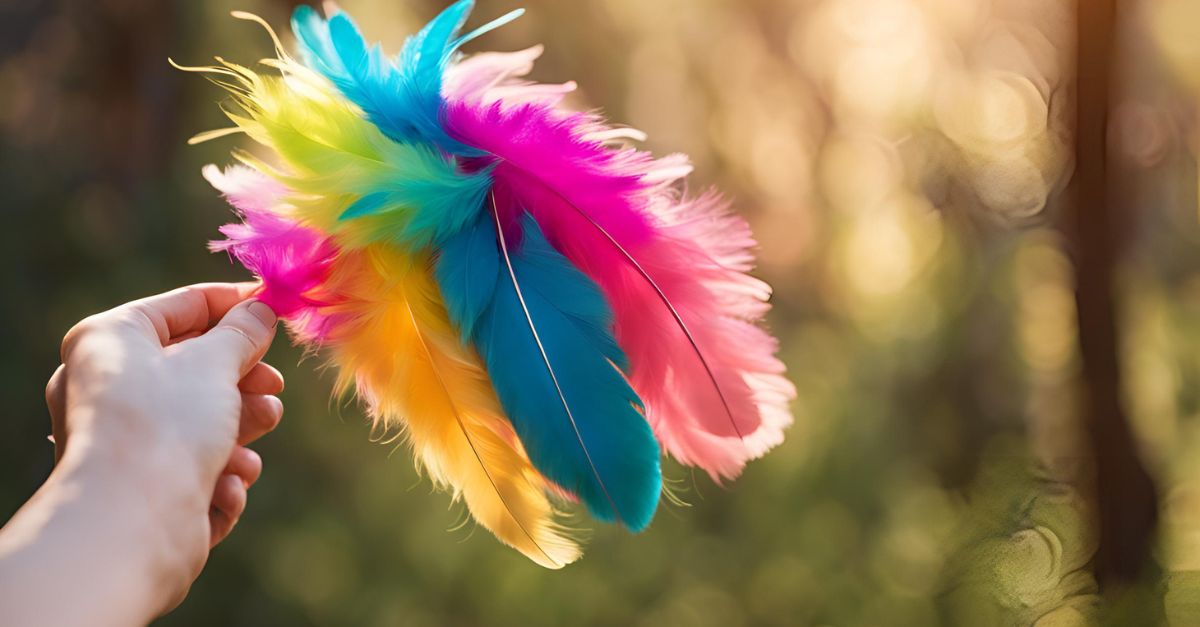 Hand holding a DIY feather wand cat toy, with colorful feathers attached to a string and dowel