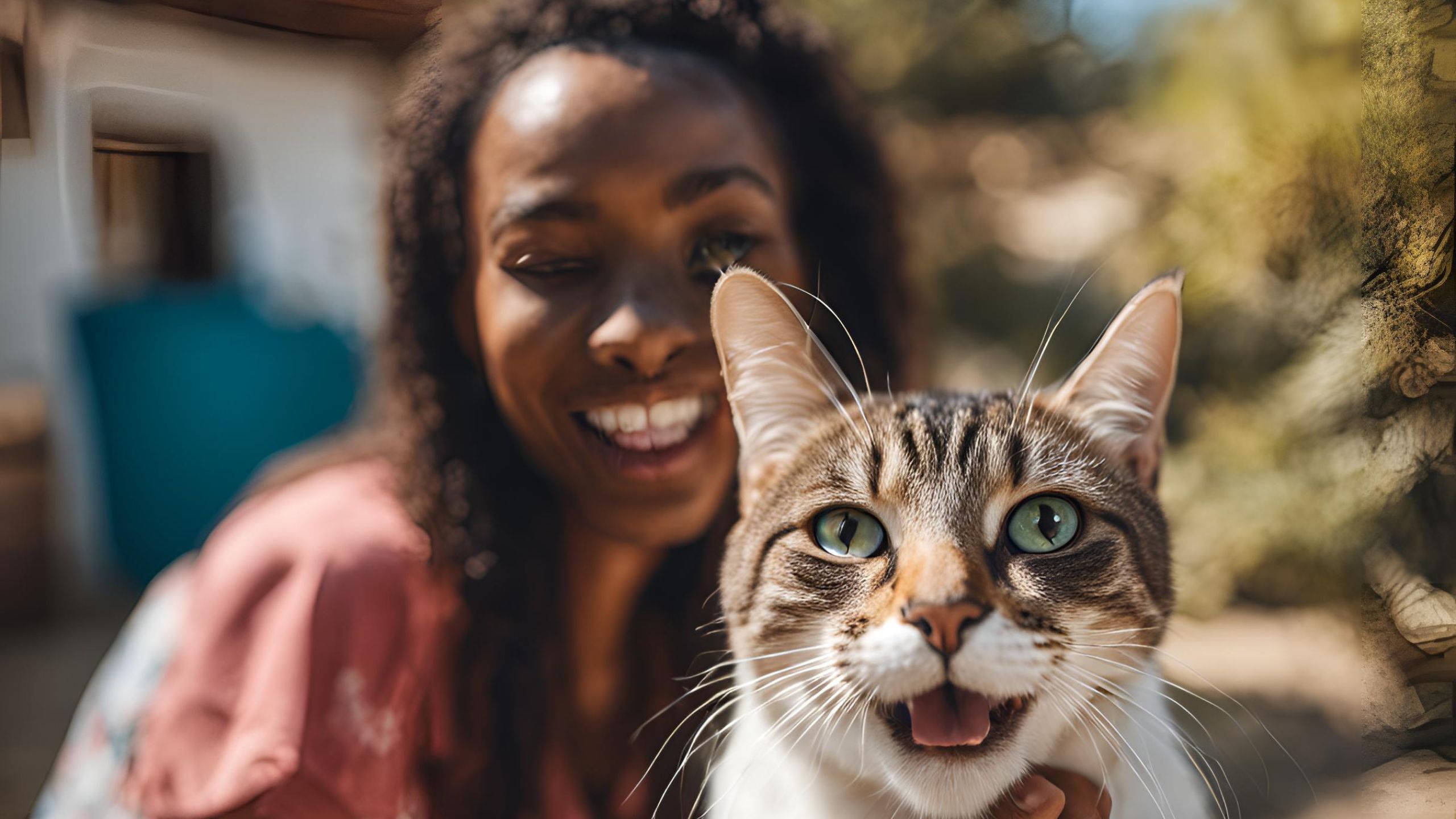Happy cat looking at camera, being fed by a person