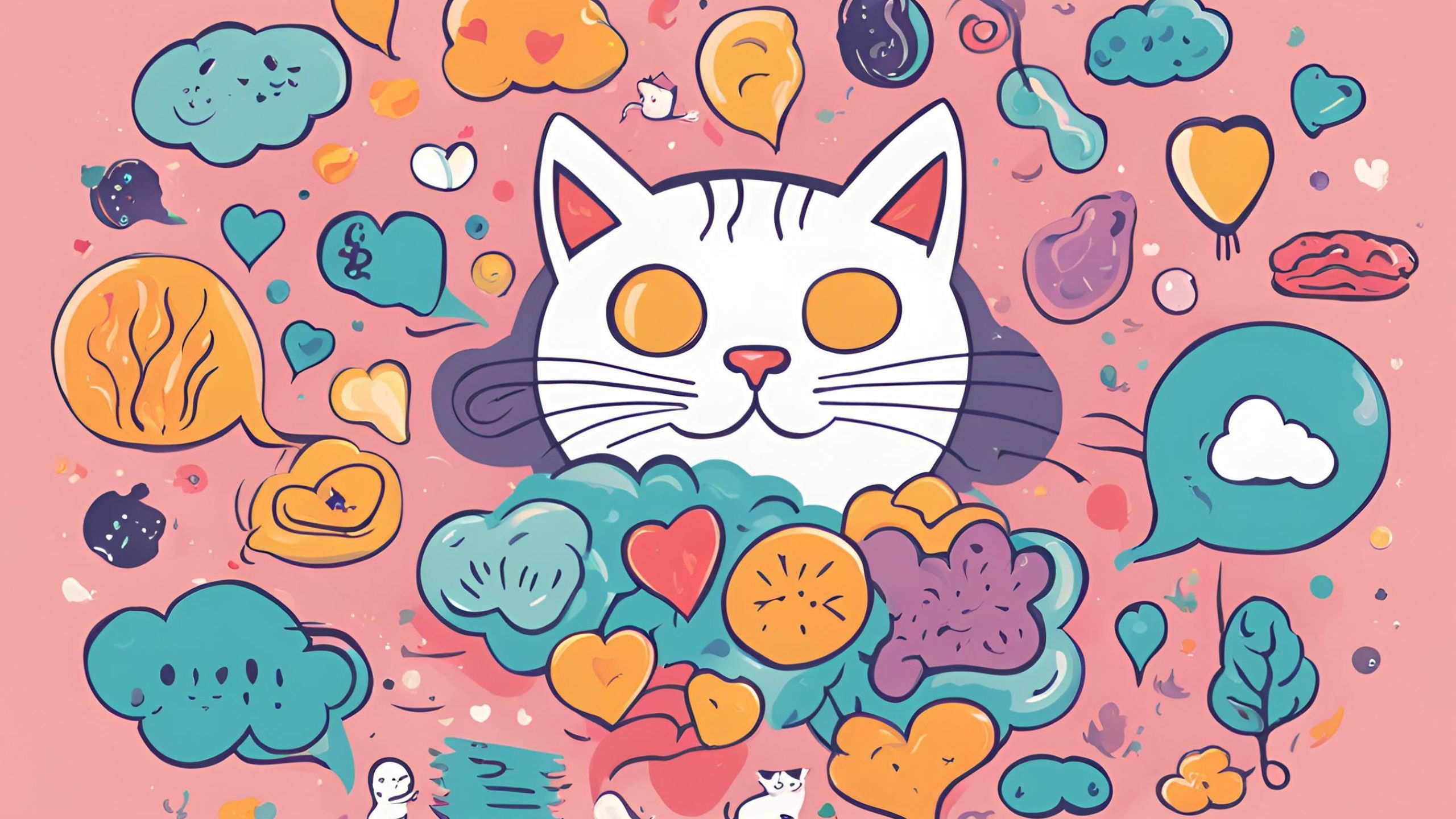 Illustration of a cat's brain with thought bubbles showing food, a hand, and a heart, representing associative memory.