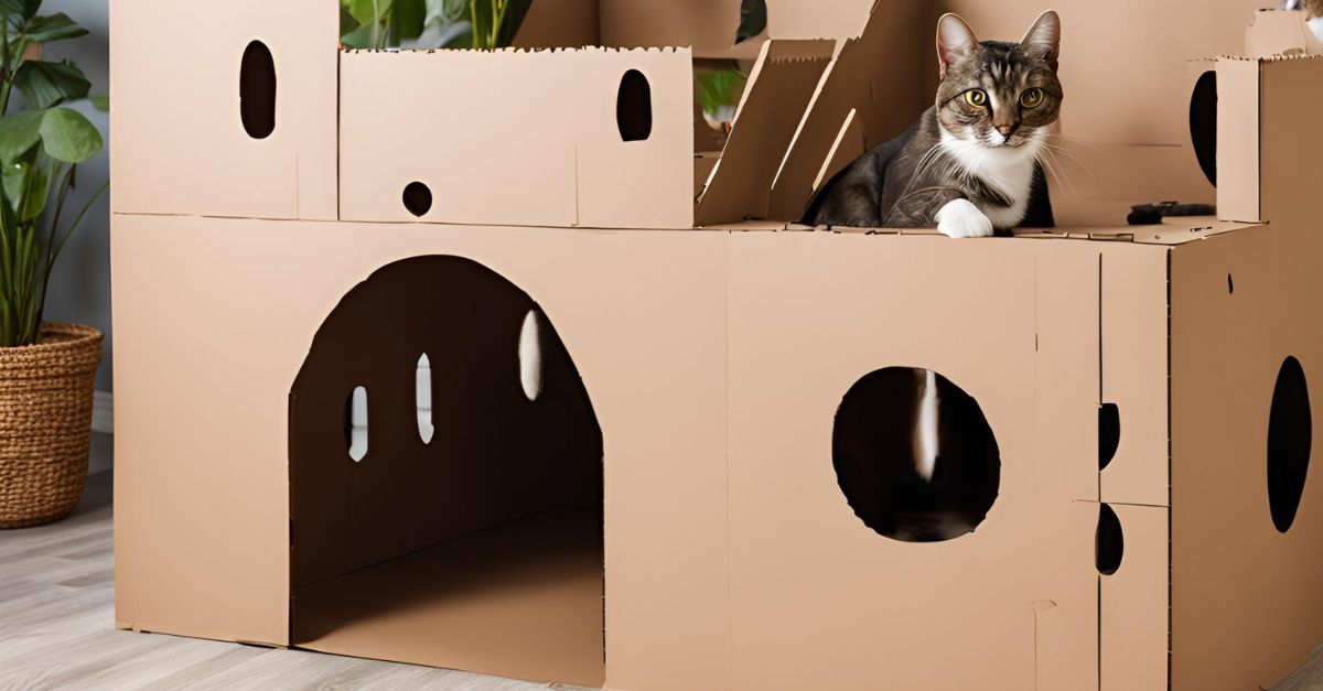 Large, multi-level DIY cardboard cat castle with tunnels, ramps, and hiding spots, with a cat exploring inside