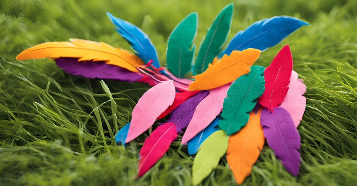 Long DIY felt and feather boa cat toy, with feathers glued along the length of a felt strip