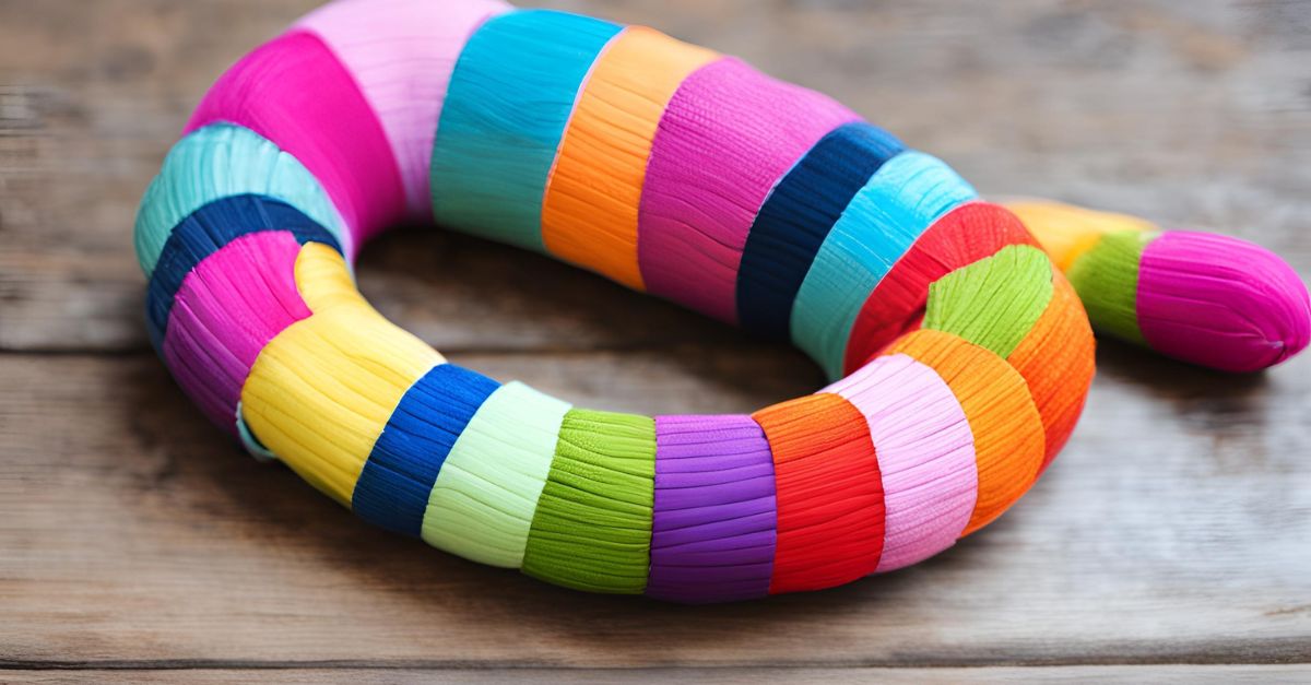 Long DIY sock snake cat toy made from multiple socks sewn together and stuffed