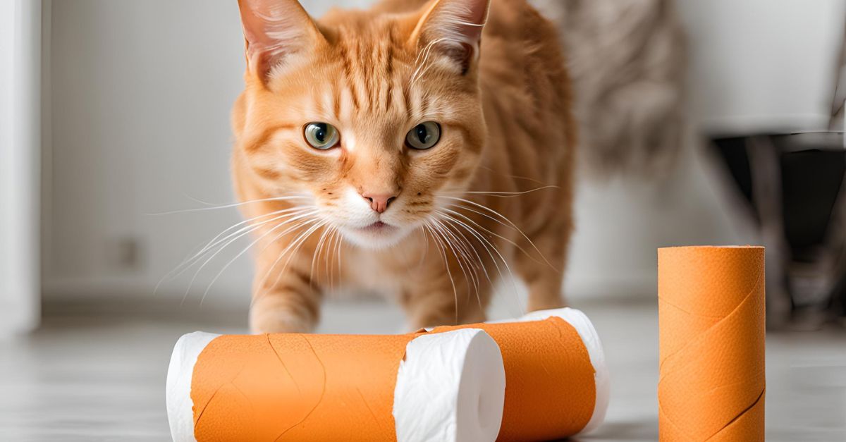 Orange tabby cat batting at a DIY toilet paper roll puzzle toy with treats visible inside