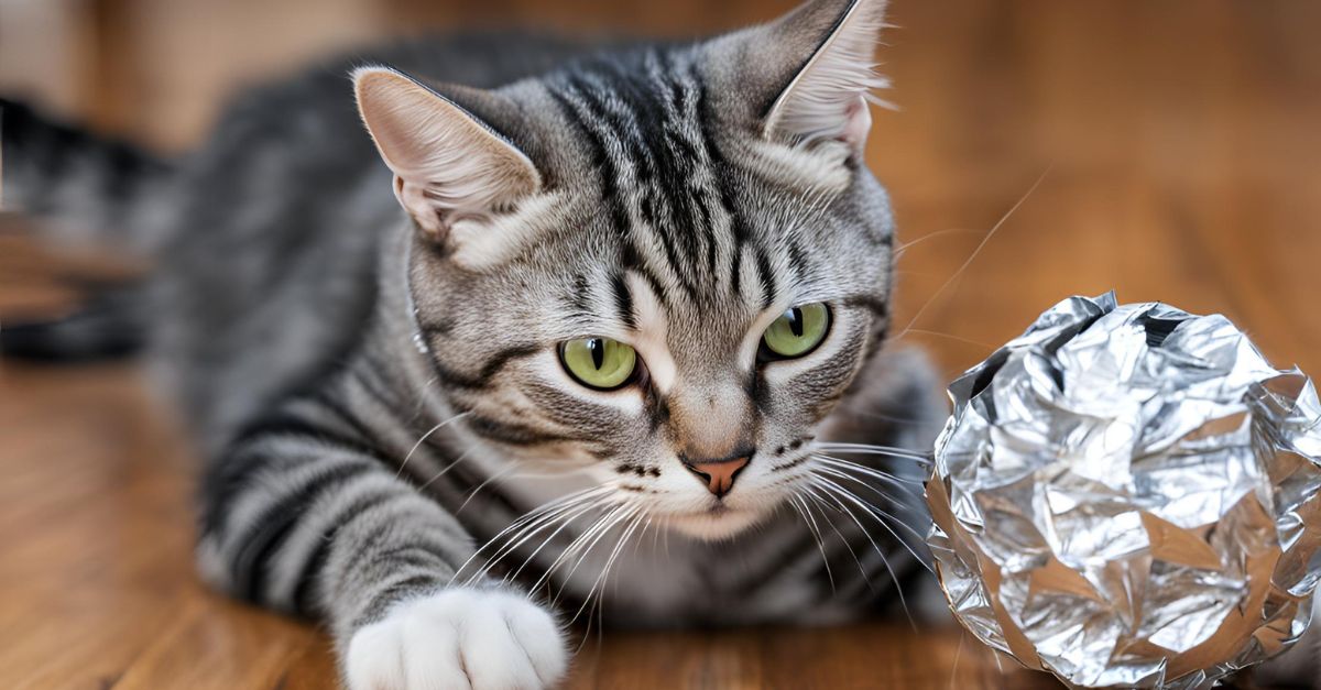 Silver tabby cat pawing at a crumpled aluminum foil ball cat toy on a hardwood floor