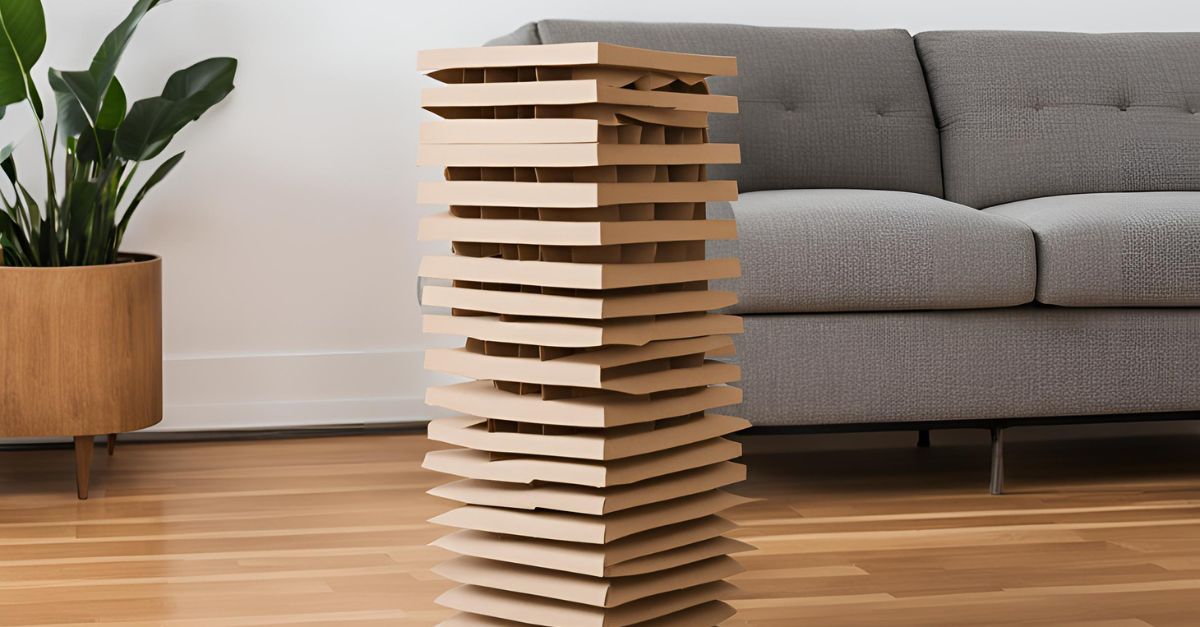 Tall DIY cardboard catscraper made from stacked cardboard squares around a central dowel